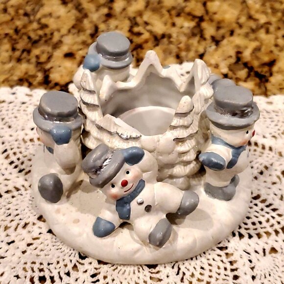 Ceramic Snowmen Pillar Candle Holder ~ 5 Cute Snowmen Circled around Center - Picture 3 of 5